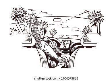 Car cab view vector illustration. Man driving modern car with navigator device flat style design. Cabriolet vehicle interior in black and white colours. Palms on road and taking off plane in sky