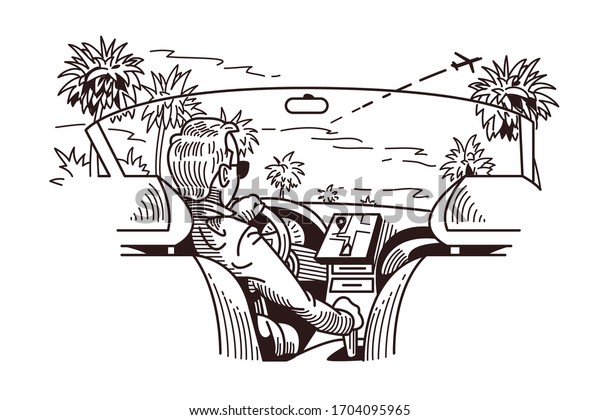 Car cab view vector illustration. Man driving modern\
car with navigator device flat style design. Cabriolet vehicle\
interior in black and white colours. Palms on road and taking off\
plane in sky