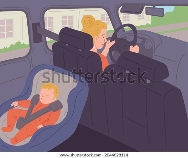 Car cabin inside view with\
baby in safety seat and driving mother, cartoon flat vector\
illustration. Woman driving automobile with baby. Family having car\
trip.