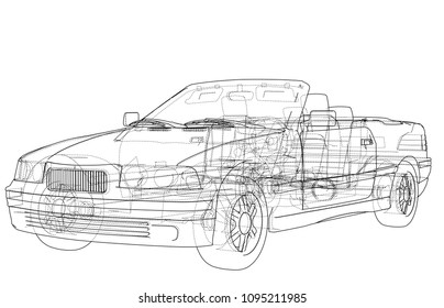 Car cabriolet concept. Vector rendering of 3d. Wire-frame style. The layers of visible and invisible lines are separated