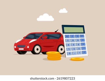 Car with calculator. Car credit calculation. Car budget. Modern vector illustration in flat style
