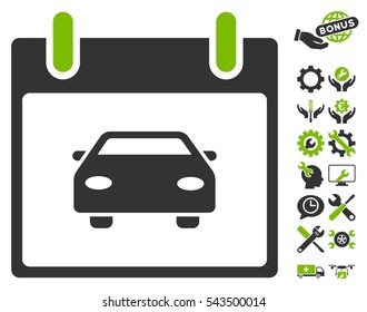 Car Calendar Day icon with bonus service symbols. Vector illustration style is flat iconic symbols, eco green and gray, white background.