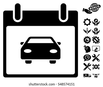 Car Calendar Day icon with bonus service pictograms. Vector illustration style is flat iconic symbols, black, white background.