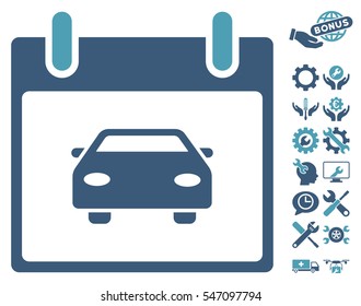 Car Calendar Day pictograph with bonus configuration pictures. Vector illustration style is flat iconic symbols, cyan and blue, white background.