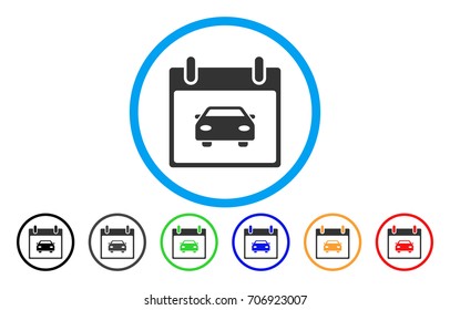 Car Calendar Day vector rounded icon. Image style is a flat gray icon symbol inside a blue circle. Additional color variants are gray, black, blue, green, red, orange.