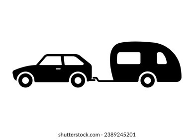 Car with camper trailer icon. Caravan, motorhome. Black silhouette. Side view. Vector simple flat graphic illustration. Isolated object on a white background. Isolate.