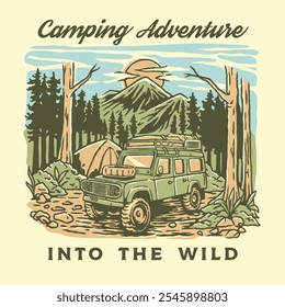 Car Campervan Adventure Badge Logo with Forest, Mountains, and Camping Scene