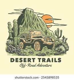 Logo de la aventura de los senderos del desierto de la autocaravana con las montañas, el cactus, y la escena de la puesta del sol