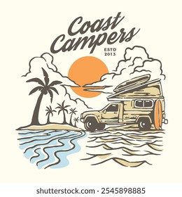 Logotipo do crachá da aventura da vida de campervan do carro com praia, palmeiras e elementos do pôr do sol