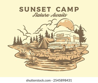 Car Campervan Sunset Camp Adventure Logo with Tent, Water, and Nature Scene