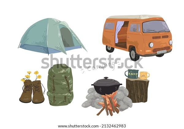 Car camping in forest, set of camping\
objects vector\
illustration
