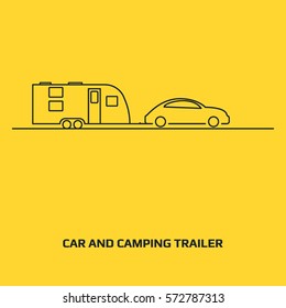 Car and camping trailer vector icon. Vacation sign. Travel and recreation symbol. Logo graphic design concept. Logotype, icon, template in web and print. Thin line icon