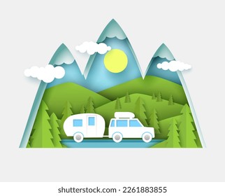 Car camping travel vector paper cut poster. Vacation adventure and holiday trip in mountain forest. Road picnic and outdoor family activity illustration