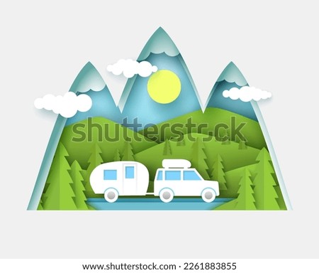 Car camping travel vector paper cut poster. Vacation adventure and holiday trip in mountain forest. Road picnic and outdoor family activity illustration