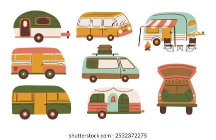 Car Camping Vintage Vans. A set of vintage camper vans, cozy trailers, and car camping setups. Perfect for outdoor adventure lovers, travel, road trips, and camping designs