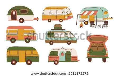 Car Camping Vintage Vans. A set of vintage camper vans, cozy trailers, and car camping setups. Perfect for outdoor adventure lovers, travel, road trips, and camping designs