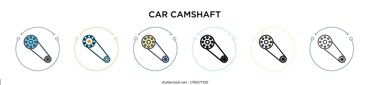 Icono del árbol de levas del automóvil en el estilo de línea fina, contorno y trazo. Ilustración vectorial de dos colores y negro diseño de vectores de árbol de levas para vehículos móviles, ui, web