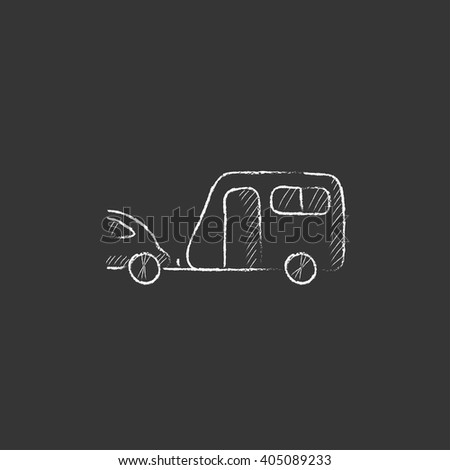 Car with caravan. Drawn in chalk icon.