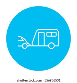 Car with caravan line icon for web, mobile and infographics. Vector white icon on the light blue circle isolated on white background.