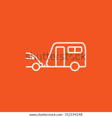 Car with caravan line icon for web, mobile and infographics. Vector white icon isolated on red background.