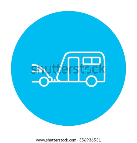 Car with caravan line icon for web, mobile and infographics. Vector white icon on the light blue circle isolated on white background.