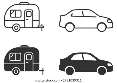 car and caravan line and solid icons travel transport vehicle and trailer on transparent background