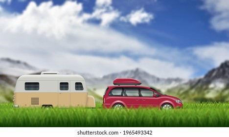 Car and caravan trailer on the green grass on the mountain landscape. Minivan pulling camper vector background with blur effect.