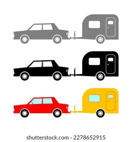 Car with caravan, vector icons on white background.