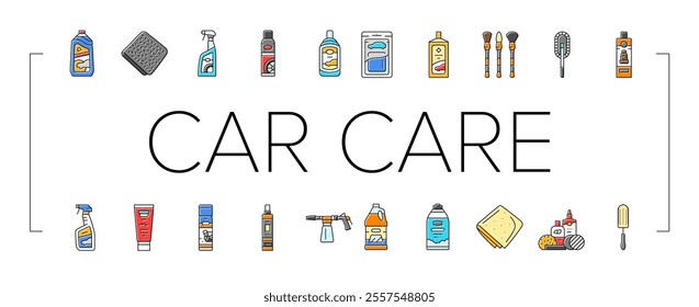 car care detailing wash icons set vector. wax polish, vacuum tires, engine maintenance, cleaning interior, exterior, shine car care detailing wash color line illustrations