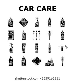 car care detailing wash icons set vector. wax polish, vacuum tires, engine maintenance, cleaning interior, exterior, shine car care detailing wash glyph pictogram Illustrations