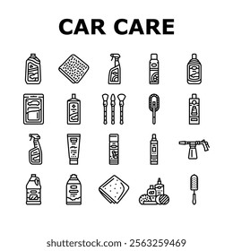 car care detailing wash icons set vector. wax polish, vacuum tires, engine maintenance, cleaning interior, exterior, shine car care detailing wash black contour illustrations