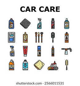 car care detailing wash icons set vector. wax polish, vacuum tires, engine maintenance, cleaning interior, exterior, shine car care detailing wash color line illustrations