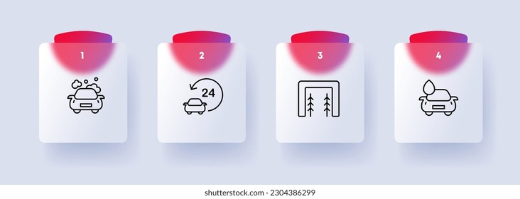 Car care icon set. Washing, waxing, polishing, maintenance, tire care, interior cleaning. Car care. Glassmorphism style. Vector line icon for Business and Advertising