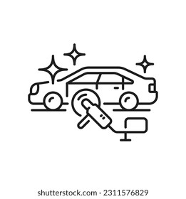 Car care icon, tyre maintenance, repair and washing isolated outline icon. Vector washing of car tire wheels, carwash, vehicle cleaning equipment