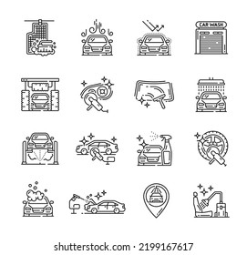 Car care icons, car wash service or wax polish, carwash vector outline symbols. Car care line icons of automobile varnishing, scratch restoration, vehicle refurbish and maintenance service svg