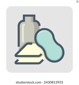 Kit de cuidado del coche set vector icono. Consiste en una botella de jabón o champú, esponja, toalla de microfibra. Equipo y producto químico para lavado, limpieza y detalle de su automóvil, auto o vehículo. 48x48 px.