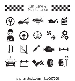 Car Care and Maintenance Objects icons Set, Black and white, Silhouette, Vehicle Mechanical, Garage Service