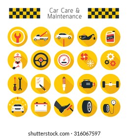 Car Care and Maintenance Objects icons Set, Flat Design, Vehicle Mechanical, Garage Service