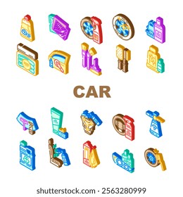 car care polish detailing wash icons set vector. wax, vacuum tires, engine maintenance, cleaning interior, exterior, shine car care polish detailing wash isometric sign illustrations