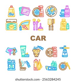 car care polish detailing wash icons set vector. wax, vacuum tires, engine maintenance, cleaning interior, exterior, shine car care polish detailing wash color line illustrations