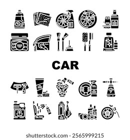 car care polish detailing wash icons set vector. wax, vacuum tires, engine maintenance, cleaning interior, exterior, shine car care polish detailing wash glyph pictogram Illustrations