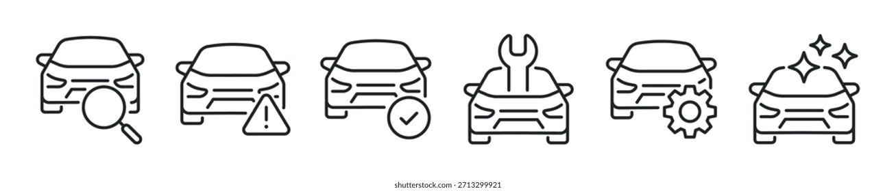 Conjunto de ícone de linha fina para cuidados com o carro. Ícones mínimos da Web