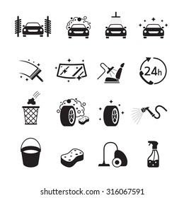 Iconos de objetos de cuidado y lavado de automóviles Set, Black and White, Silhouette, Automobile