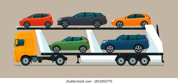 Car carrier loaded with various cars. Vector illustration.