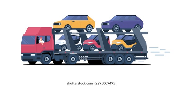 Car carrier loaded with various cars isolated. Vector illustration.