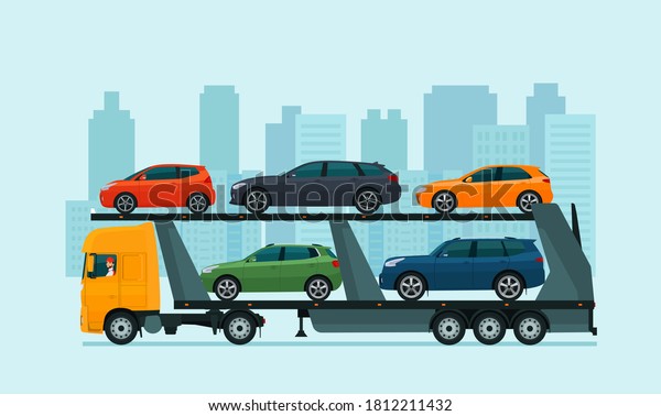 Car carrier\
loaded with various cars against the background of an abstract\
cityscape. Vector\
illustration.