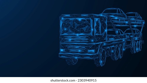 Car carrier. Low-poly design of interconnected lines and dots. Blue background.