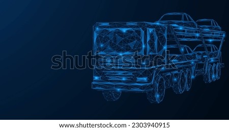 Car carrier. Low-poly design of interconnected lines and dots. Blue background.