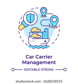 Car carrier management multi color concept icon. Carry rolling cargo. Vessel type regulation solution. Round shape line illustration. Abstract idea. Graphic design. Easy to use in booklet