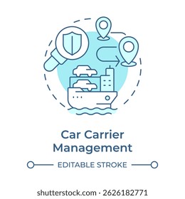 Car carrier management soft blue concept icon. Carry rolling cargo. Vessel type regulation solution. Round shape line illustration. Abstract idea. Graphic design. Easy to use in booklet